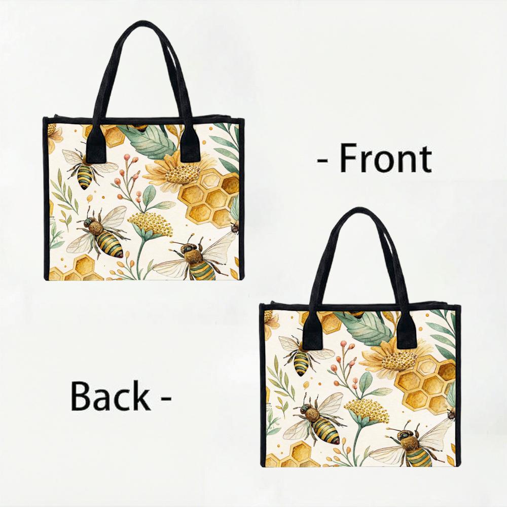 Honey Bee Floral Print Tote Bag Fashion Casual Daily Carry Bag Cute Shoulder Bag for Women Outdoor Shopping