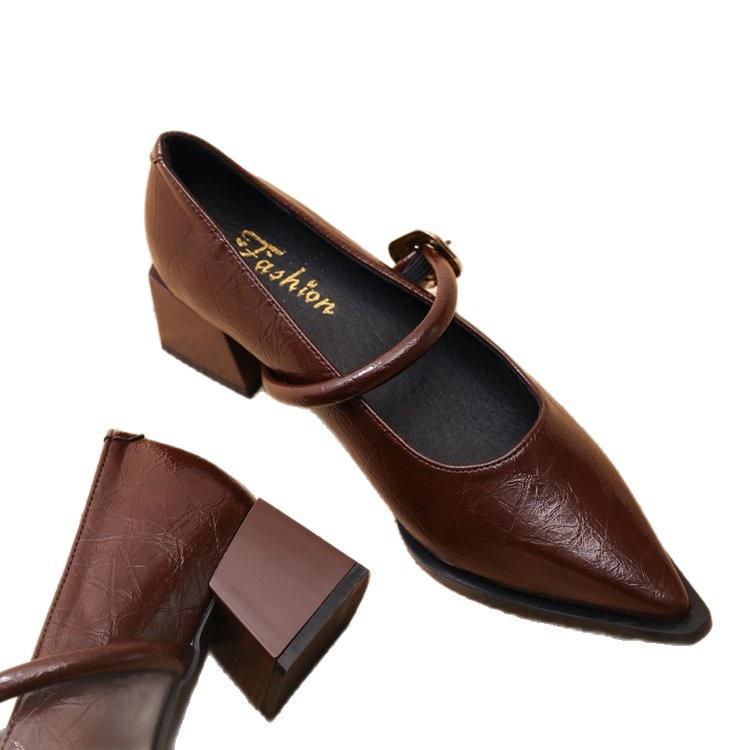 Autumn one-word pointed temperament high-heeled leather shoes women's new versatile retro Mary Jane single shoes