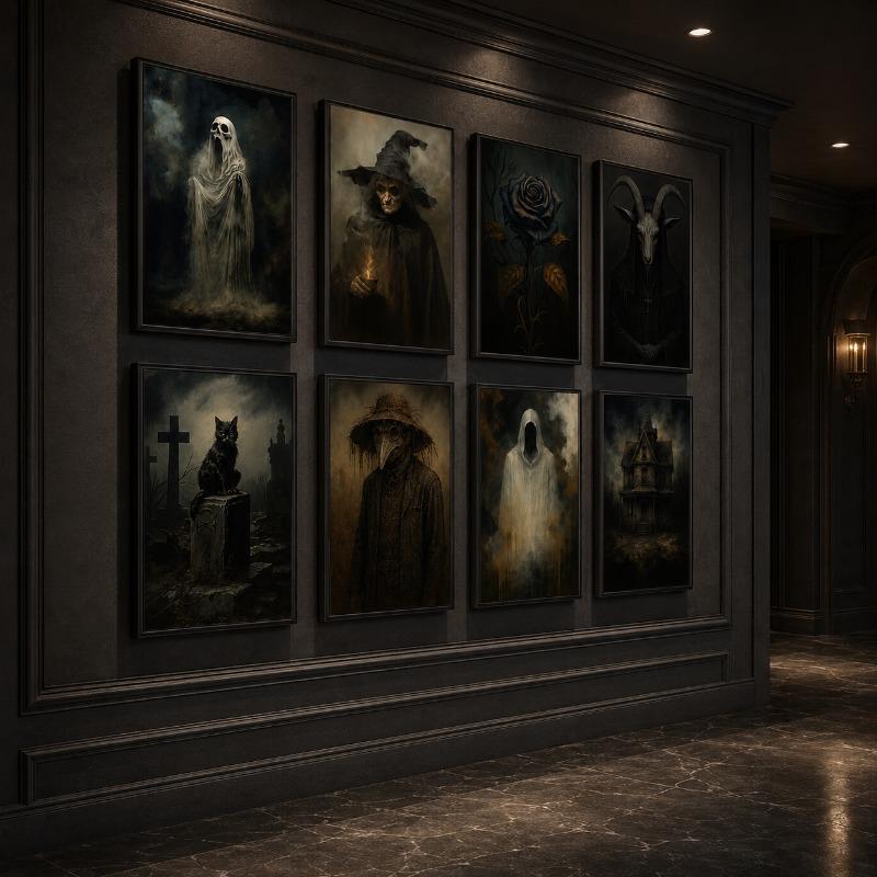 Dark Gothic Halloween Canvas Gallery Wall Print Witch Ghost Doctor Goat Skull Wall Art Vintage Moody Spooky Home Decor Gift
