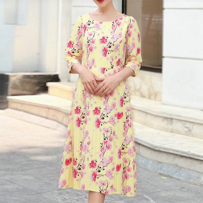 

ZANZEA Женское элегантное летнее платье с цветочным принтом, с круглым вырезом и рукавом 3/4 S жёлтый