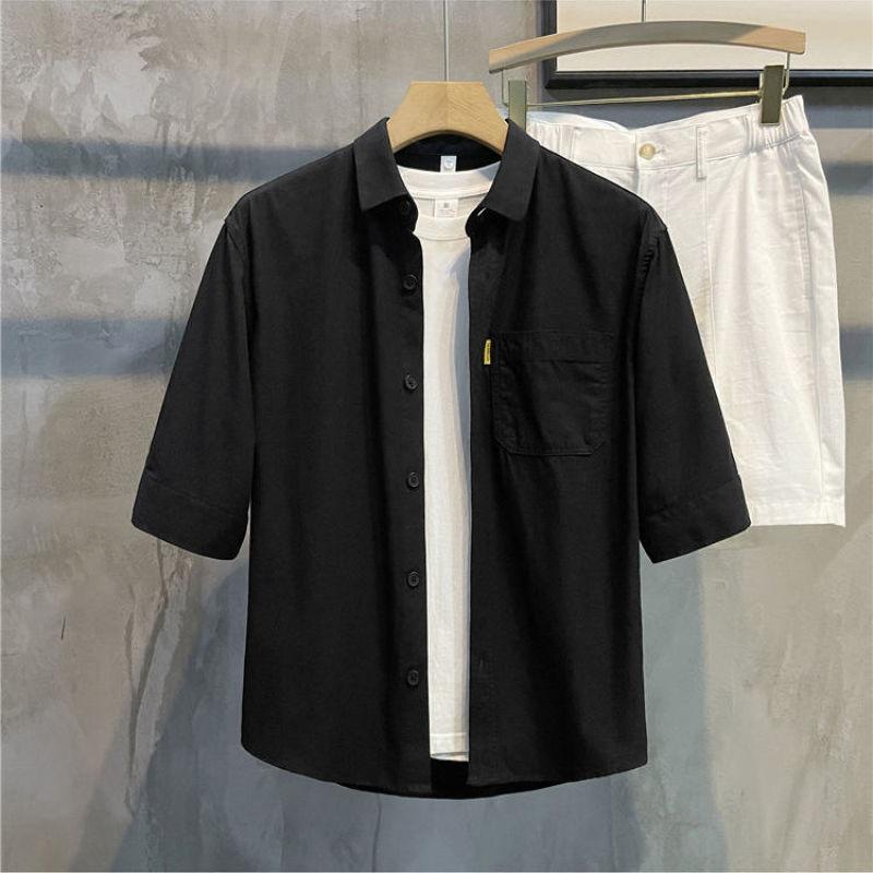 2024 New Summer Simplified Korean Edition Casual Loose Versatile Handsome Polo Collar Solid Color Mid Sleeved Shirt for Men