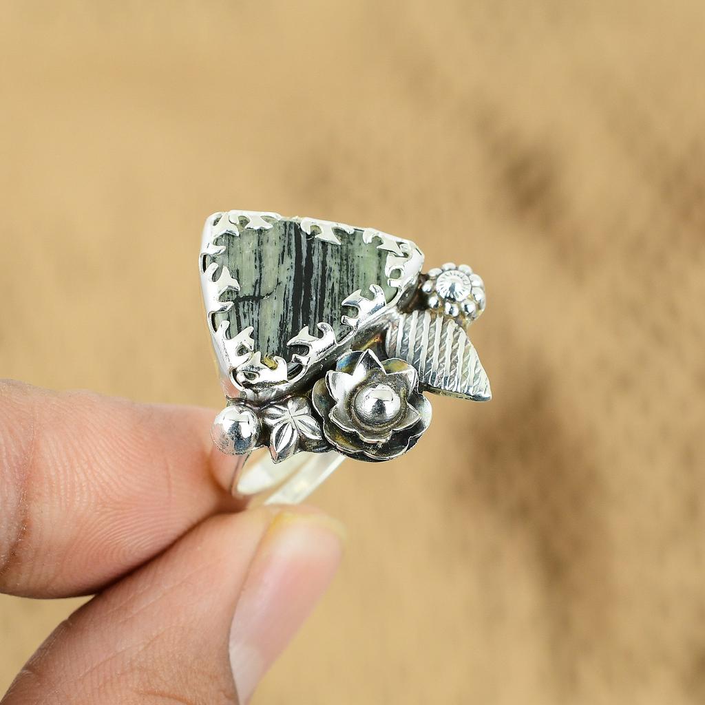 925 Sterling Silver Trillion Silver Leaf Jasper Gemstone New Promise Flower Ring