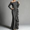Women's One-Shoulder Ruffle Evening Dress Long Color Formal Gown with Waist-Cinching Design