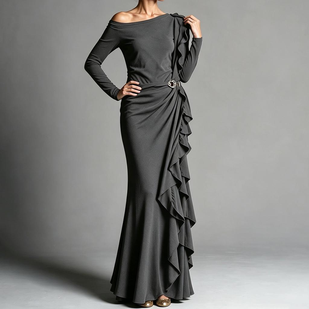 Women's One-Shoulder Ruffle Evening Dress Long Color Formal Gown with Waist-Cinching Design