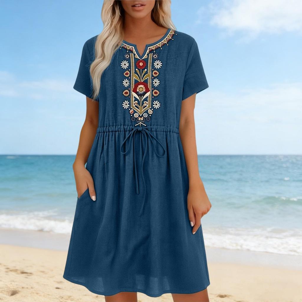 Women’s Short Sleeve Embroidered Bohemian Style Drawstring Waist Casual Loose Fit Dress with Pockets for Daily Wear
