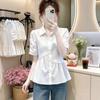 Women's Short Sleeve Blouse Polo Neck Elegant Commuter Shirt Patchwork Pleated Loose Fit Casual Top