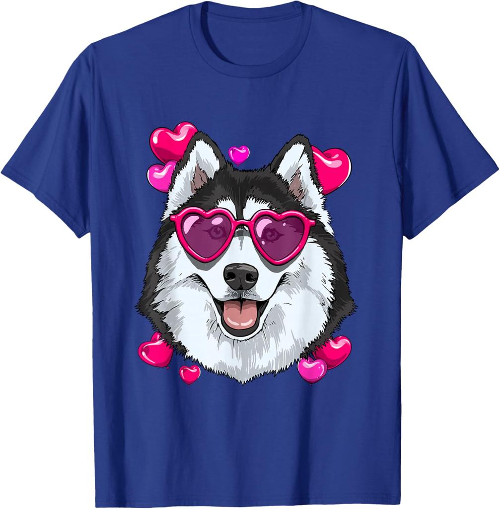 Husky Dog Heart Sunglasses Valentines Day Graphic Tee Soft Cotton Casual Short Sleeve Shirt