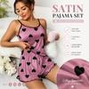 FINETOO Cute Heart Print Satin Sleepwear Set Women Spaghetti Strap Ice Silk Pajamas Short Sleeveless Breathable Lounge Suit Girls Gifts