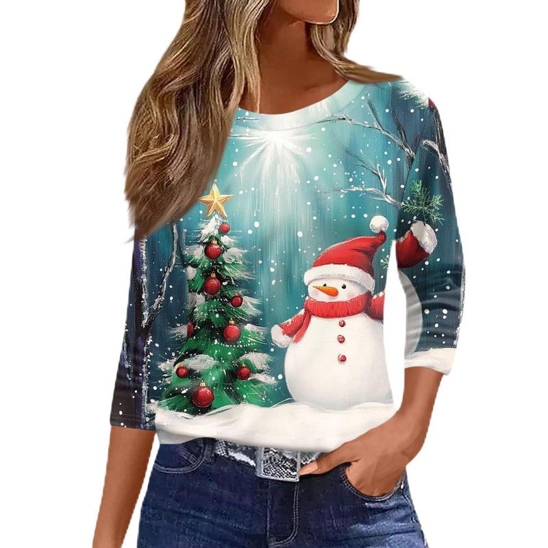 Women's 3D Snowman Printed Christmas Theme Round Neck Long Sleeve T-shirt Casual Comfortable Polyester Christmas Party Pullover