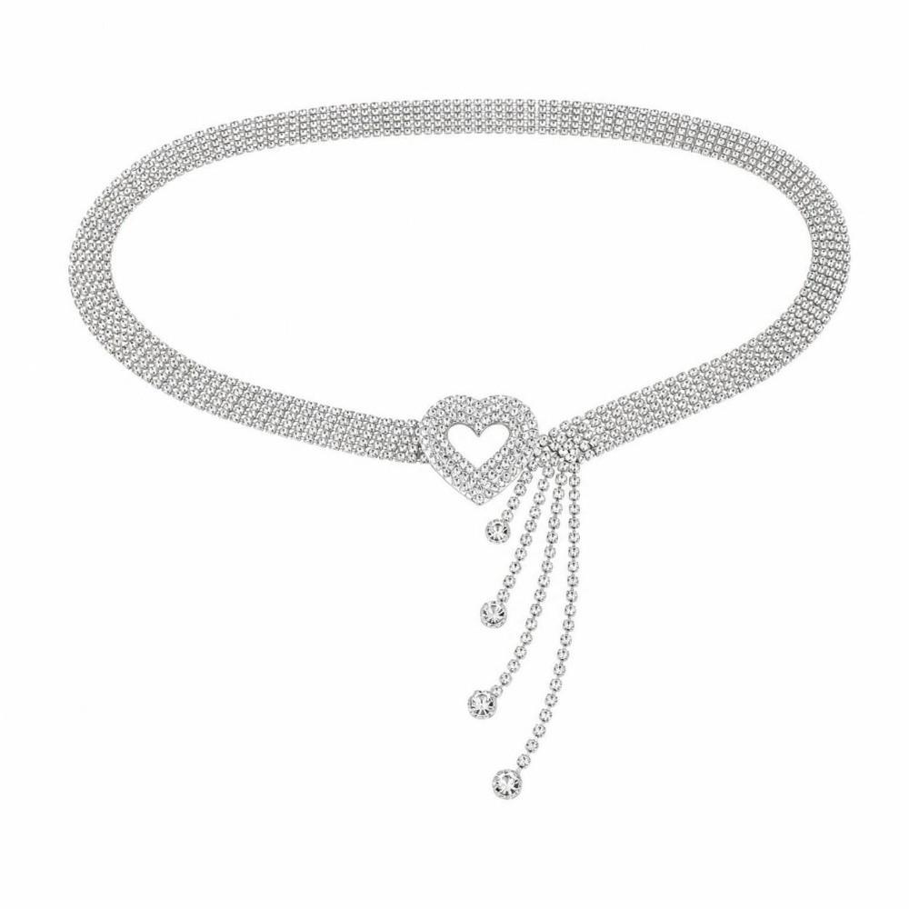 Double Heart Buckle Rhinestone Chain Belt Gold Silver Color Waist Chain Belt  Gift