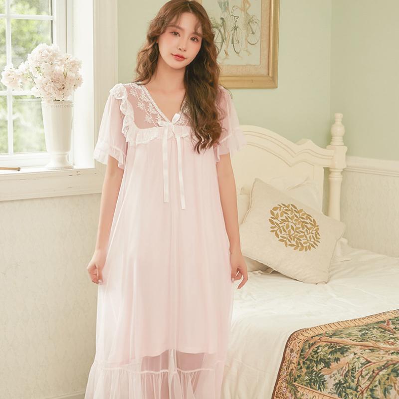 Síťované pyžamo Dámské s výstřihem do V Korejský Vintage Krajkový Elegantní Princezna noční košile s krátkým rukávem Domácí oblečení Midi šaty