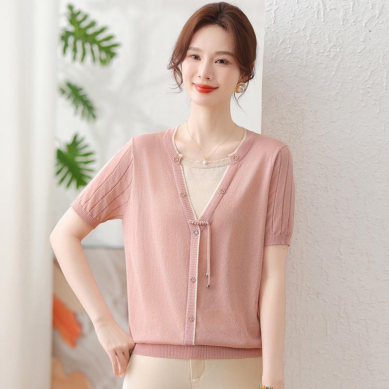 

Ice Silk Short-Sleeve T-shirt: Fashionable Two-Piece Top for Young Moms and Mature Women 5XL (for 150-165 lbs)