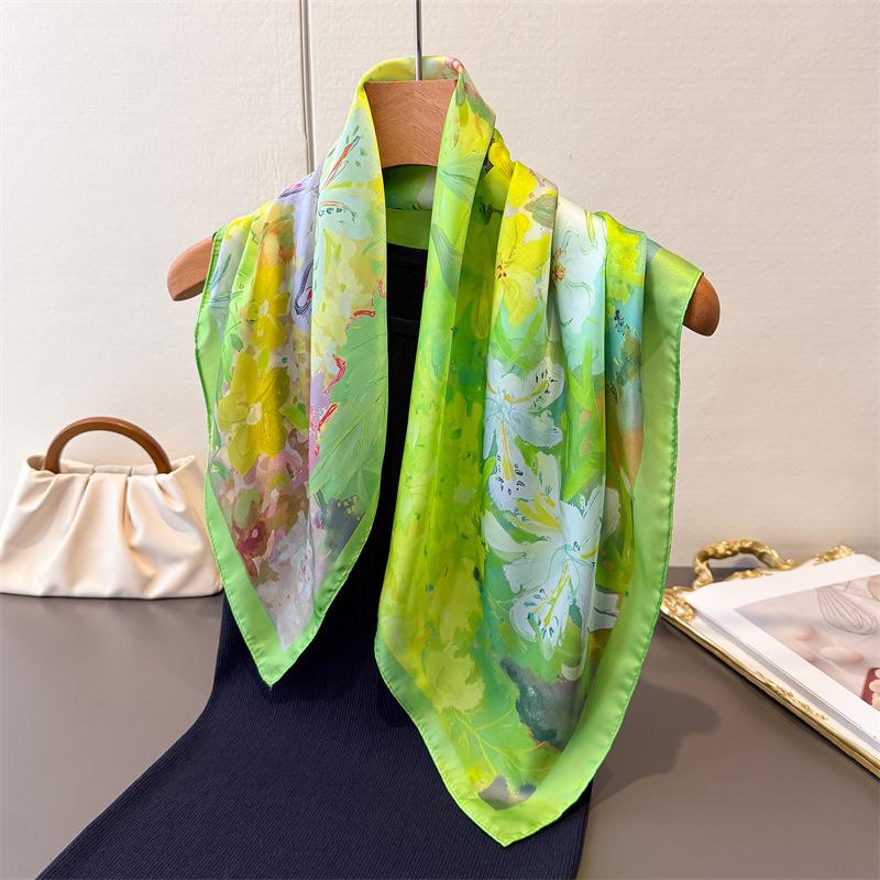 Pastoral Floral Print Square Scarf Imitation Silk Shawl Sun Protection High-end Neck Tie Small Square Scarf Headscarf Women's