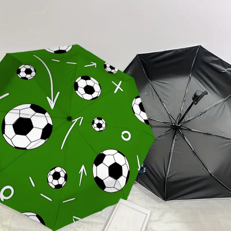 Soccer Ball Pattern Automatic Opening/Closing Umbrella - Portable Tri-Fold Design with 8-Bone Iron Frame - Outdoor Rain Gear for Fans, Trave