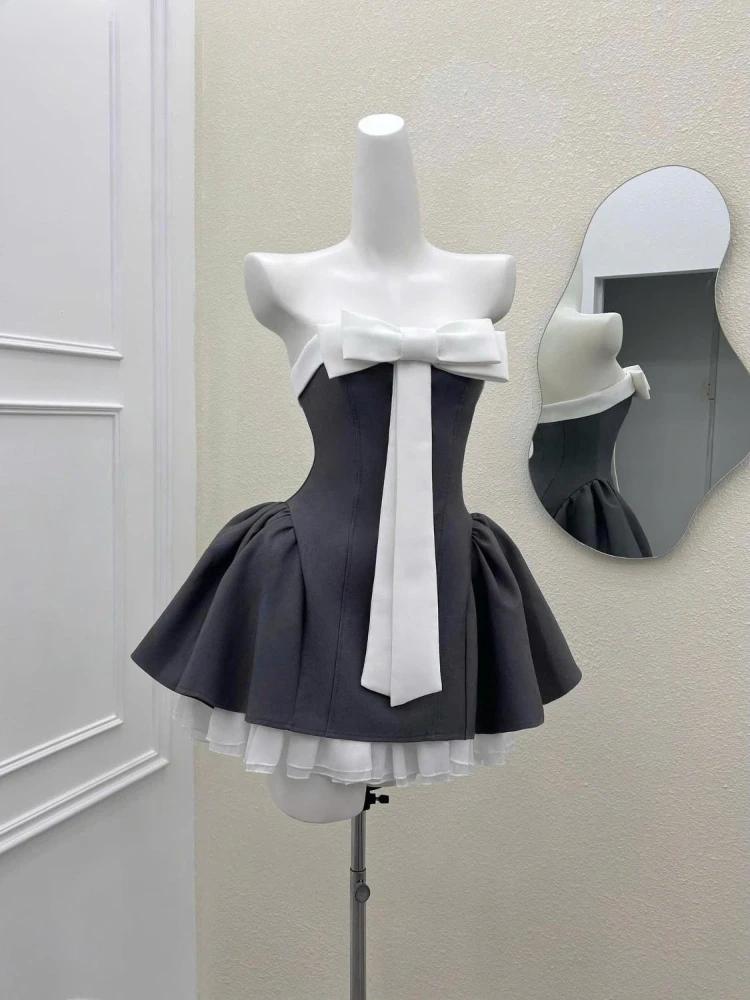 Sommer Neu Vintage Elegant Damenkleid Trägerlos Schleife Patchwork Hohe Taille Puffiges Mini-Kleid Weiblich Französisch Chic Sexy Outfits 2025