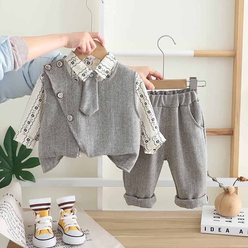 0-5-year-old boy's tie long sleeved set, Autumn children's stylish vest shirt, Casual pants three piece set