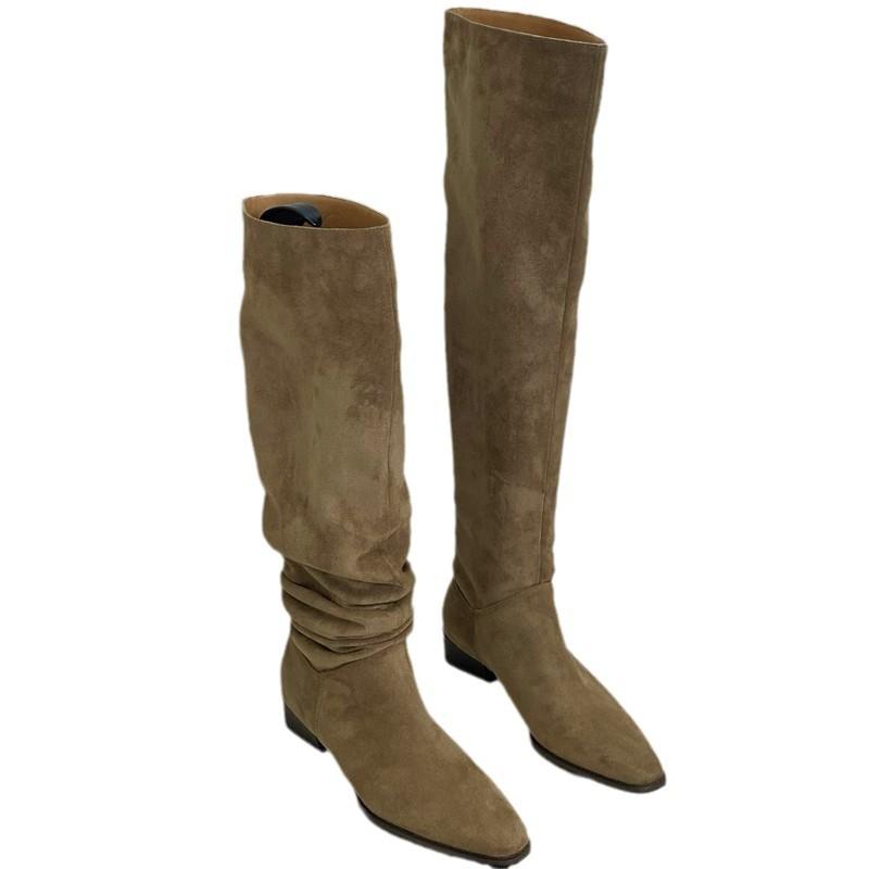Pile boots women's cycling boots retro suede thick heel pointed new brown wrinkled tall boots autumn thin