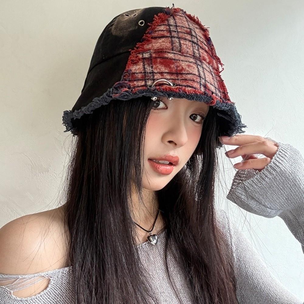Beggar Style Plaid Bucket Hat Patched Sun Protection Basin Cap Fashion Retro Fisherman Hat  Women