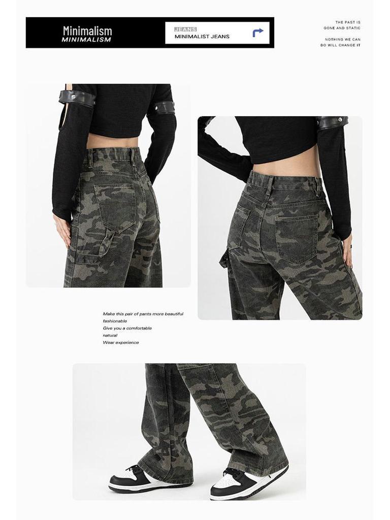 Dámské maskáčové cargo džíny s vysokým pasem - Hip hopový styl, široké nohavice, volný střih, plus size, plná délka.