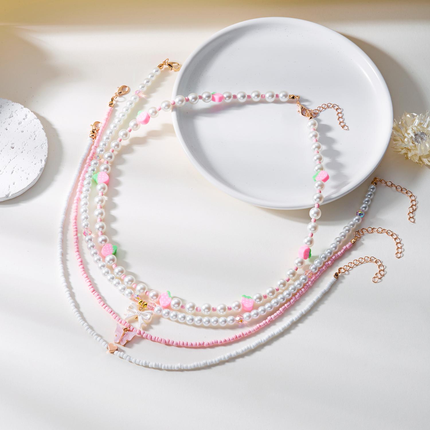 

Cute Romantic Strawberry Beaded Necklace for Women Handmade Imitation Pearl Multilayer Stackable Short Choker Neck Chain Jewelry