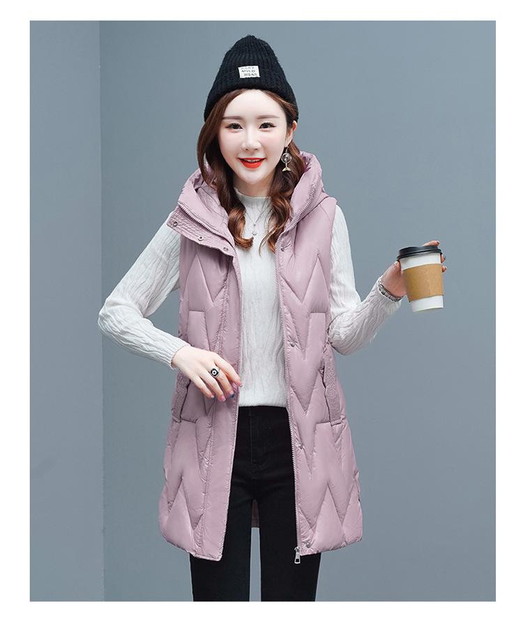 Outono e inverno feminino cor sólida com capuz solto espessamento quente meados de comprimento sem mangas colete jaqueta feminina