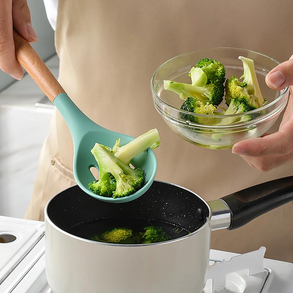 12Pcs Cooking Spoon Set with Wooden Handles Non-stick Silicone Cookware, Heat-resistant Kitchen Tools Storage Container