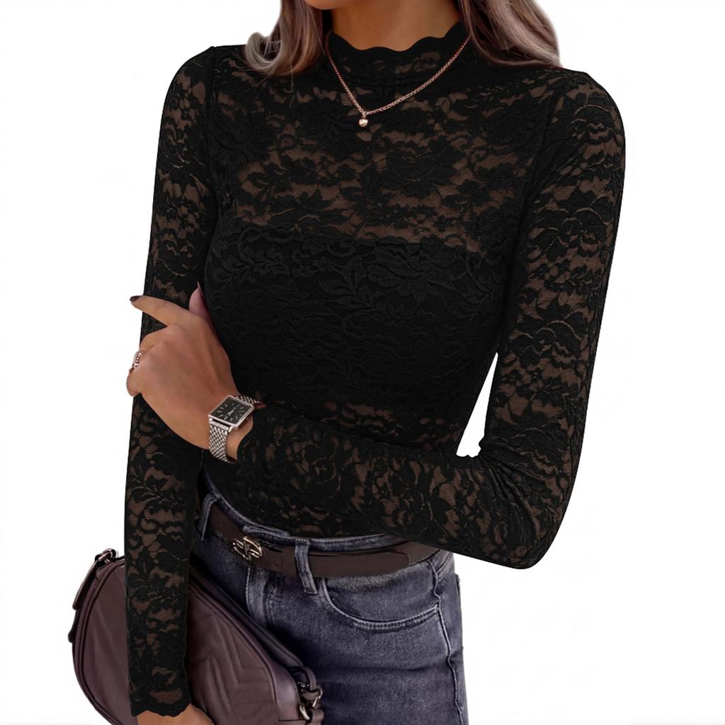 Top da donna a collo alto con maniche lunghe, pizzo colorato traforato, camicetta da stratificare