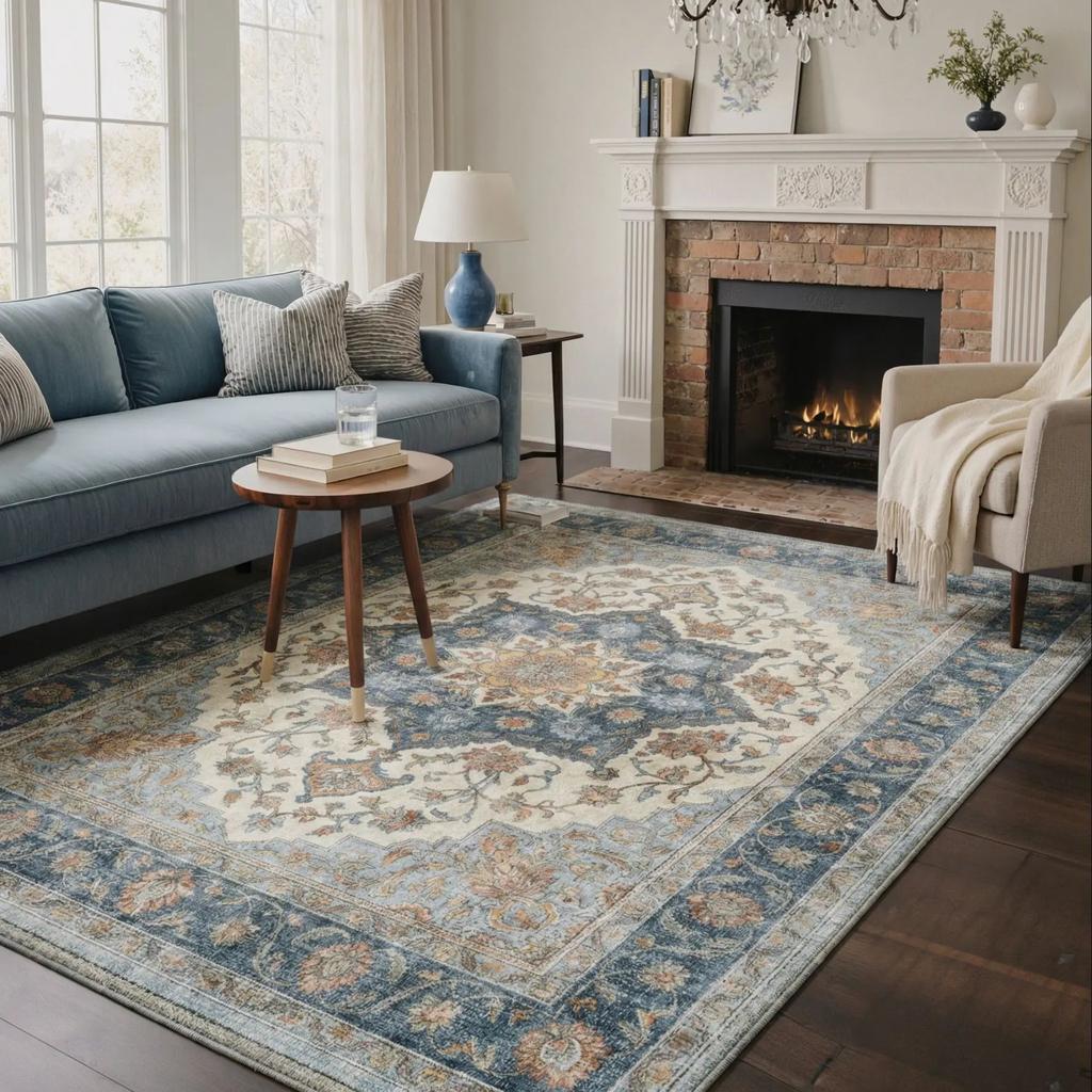 Tapis de zone floral rétro doux antidérapant lavable pour salon chambre bureau décoration intérieure bohème