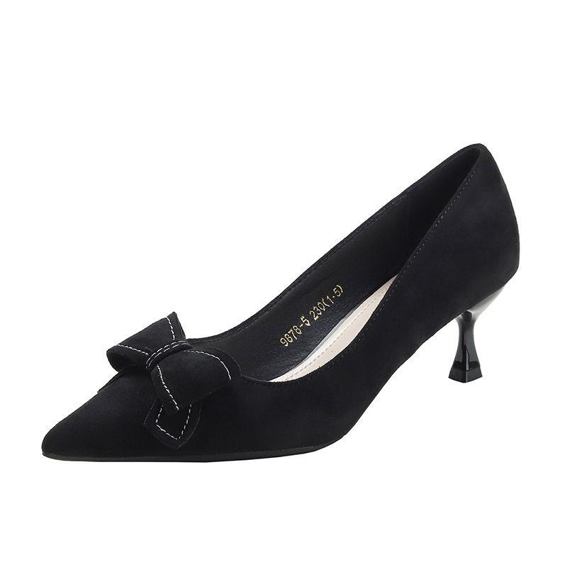 Fashion Slip-on Slim Heel Single Shoes Autumn New Pointed Toe Shallow Mouth Bow Non-Slip Wear-Resistant High Heels