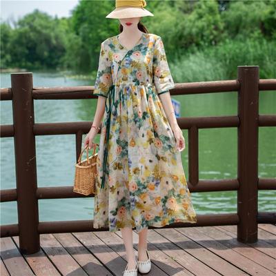 2025 Sommer neues Baumwoll- und Leinenkleid mit Druck, kurzärmlig, V-Ausschnitt, Kordelzug in der Taille, knielanger Rock, langes Kleid für Damen