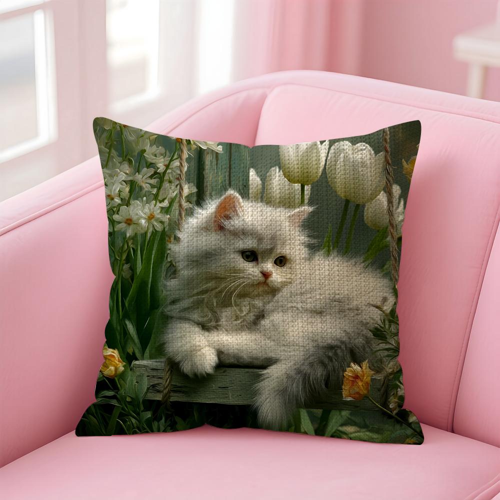 Cat And Flower Fashion Cushion Cover Natural Linen Pillow Case DoubleSided Print Decorative Sofa Pillowcase Home Decor Gift