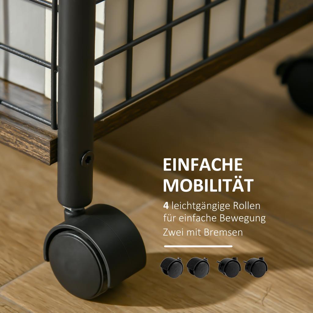 Industrial Design Kitchen Cart 1 Shelf 1 Storage Basket 4 Wheels 40 cm x 30 cm x 62 cm Steel Black + Brown