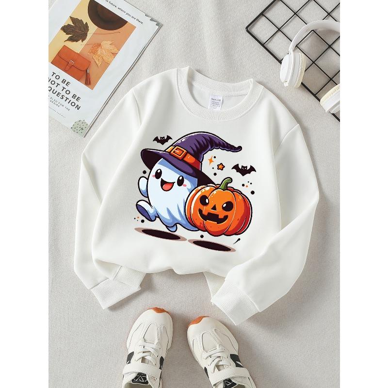 Girls' Halloween Long-Sleeve Sweatshirt, Round-Neck Fun Print Casual Top, Kids' Autumn Clothing, Suitable for Trick-Or-Treat Parties And Halloween