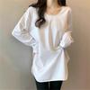 White U-neck Long Sleeve Loose Mid-length Base Shirt for Women with Spring and Autumn Pure Cotton Slit Body Cover Butt Top