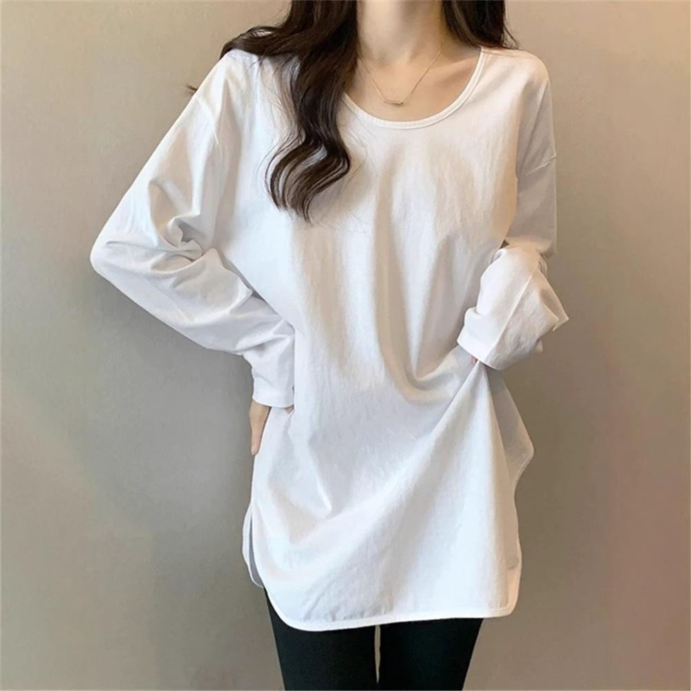 White U-neck Long Sleeve Loose Mid-length Base Shirt for Women with Spring and Autumn Pure Cotton Slit Body Cover Butt Top