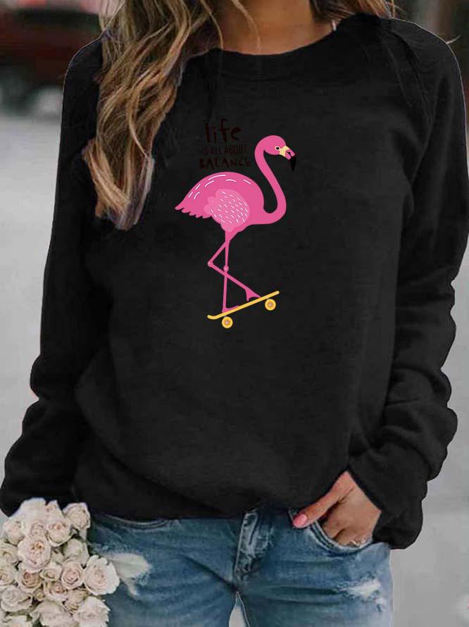 Flamingo Print Round Neck Women's Hoodie