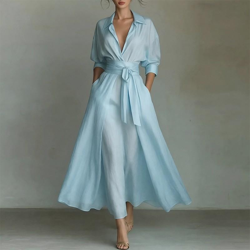 2026 Womens Solid Color Fitted A-Line Long Dress With Waist Tie High Sleeveless Or Short Sleeve