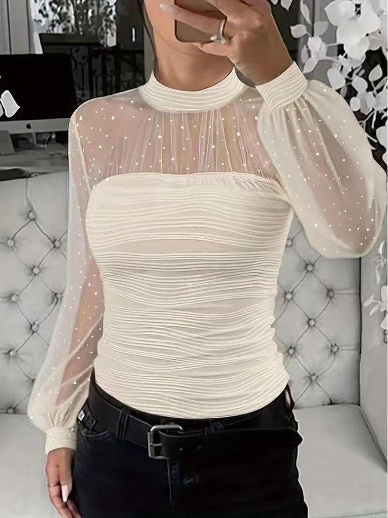 2026 Spring/Autumn Pearl Mesh Splicing Long Sleeve Top
