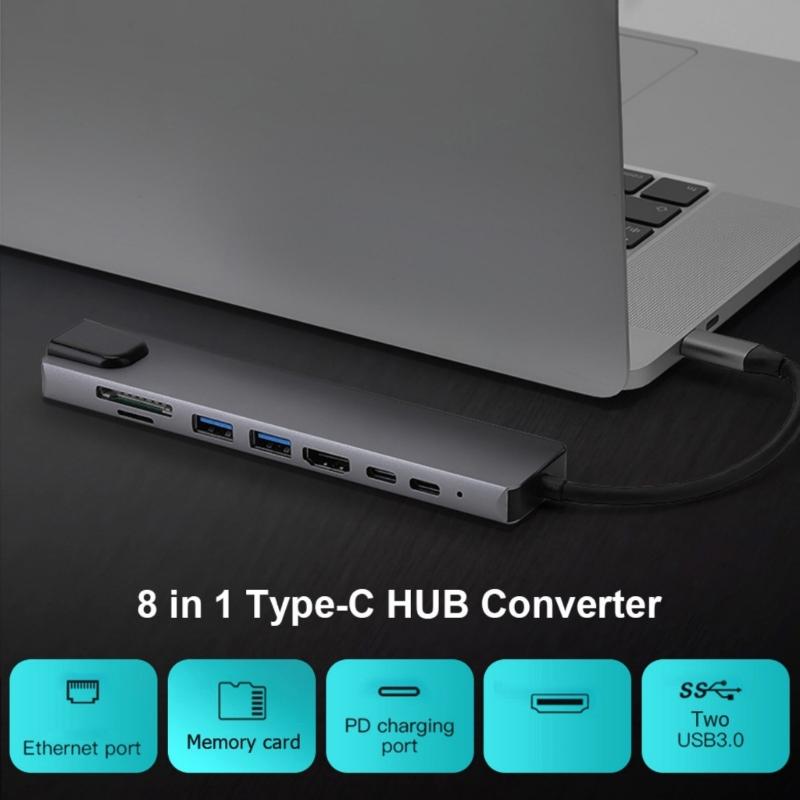 8 In 1 Multiport Adapter with Gigabit Ethernet USB Port Type-C Port Card Reader Type-C Hub Dongle Docking Station