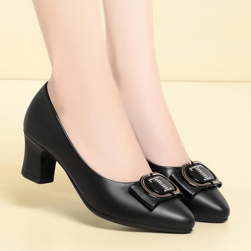 

Женские туфли-лодочки Весна Осень Толстый каблук Кожаные туфли Универсальные для работы Женская обувь Не утомляющая ноги Туфли на высоком каблуке 36