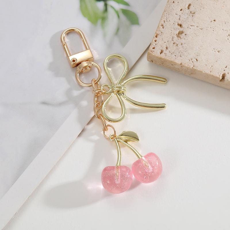 Cute Cherry Keychain With Pearl And Heart Charm Resin Fruit Pendant Bag Accessory For Women Girls