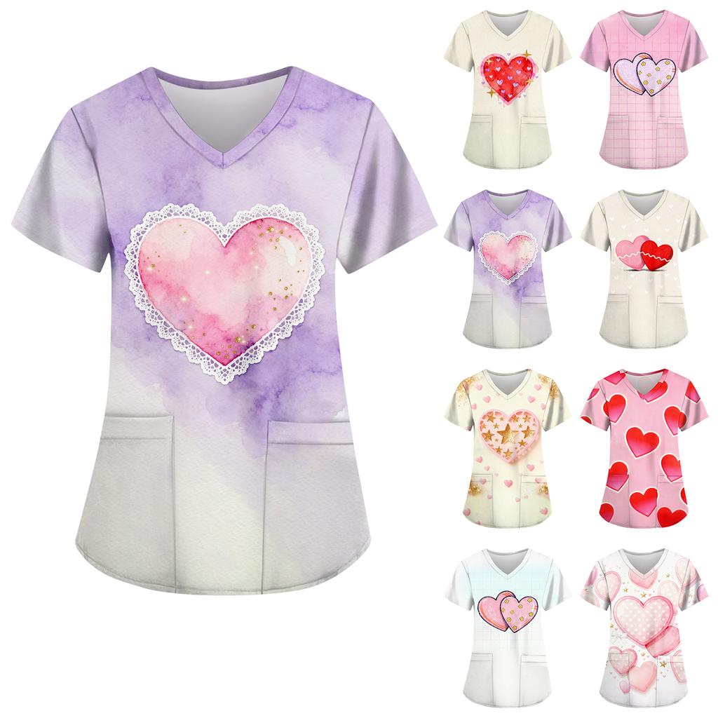 Women's Fashion Printed Short Sleeve V Neck Pattern Tops Pocket Working T-shirts