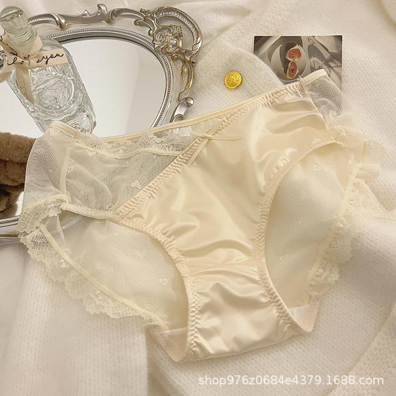 French-style Satin Niche Sexy Pure Lace Cream Triangle Panties Pure Cotton Crotch Low-rise Women's Underwear