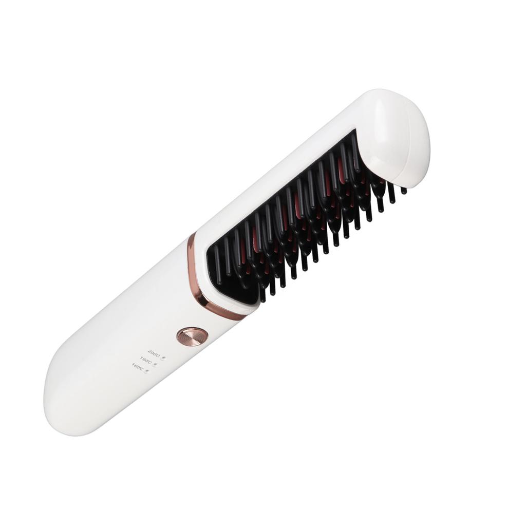 Hair Straightener Brush USB Rechargeable Hair Straightening Curling Brush Pearl White