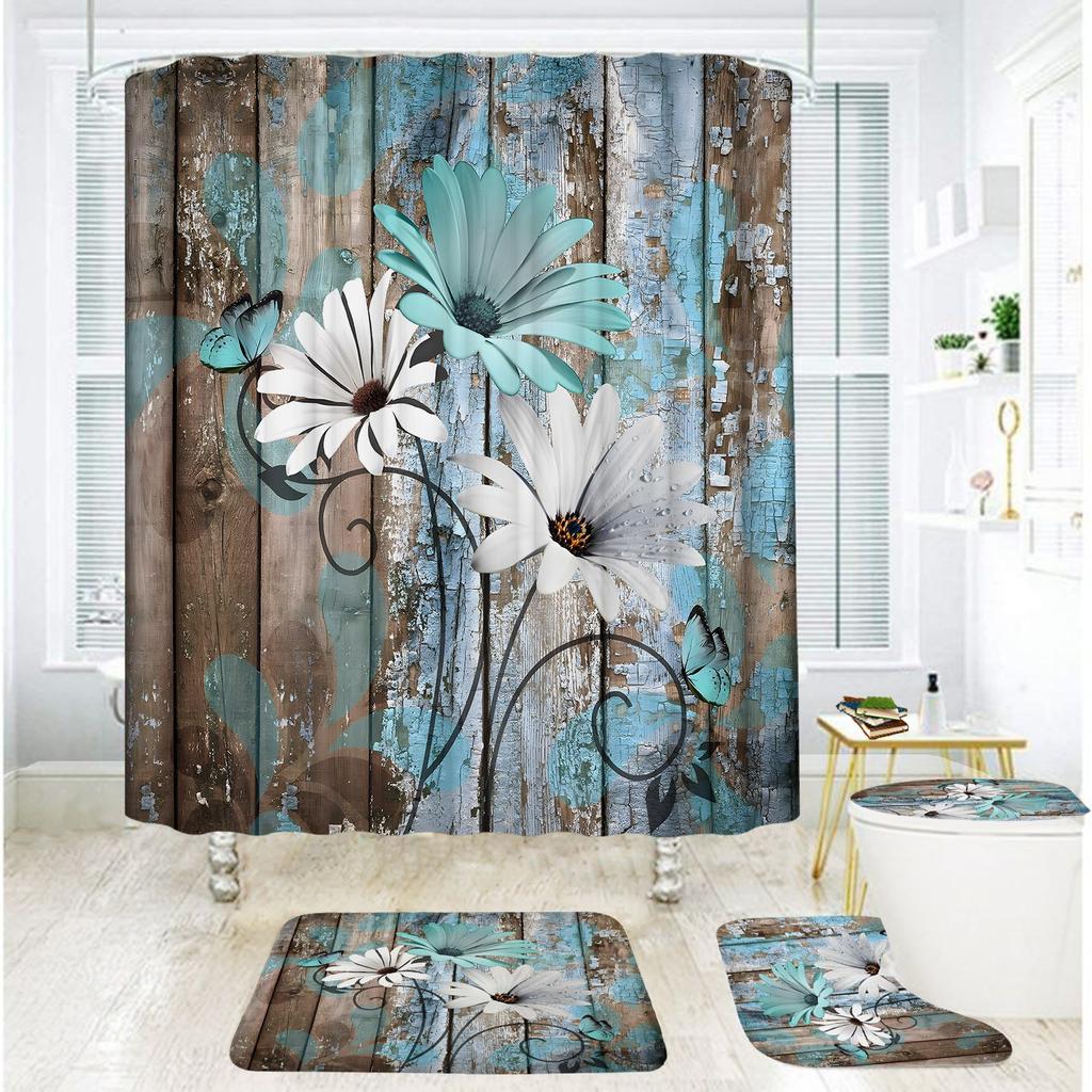 Badezimmer Duschvorhang Vierteilig Digitaldruck Holzmaserung Chrysanthemenpflanze Wasserdichter Duschvorhang Duschvorhang Trennvorhang