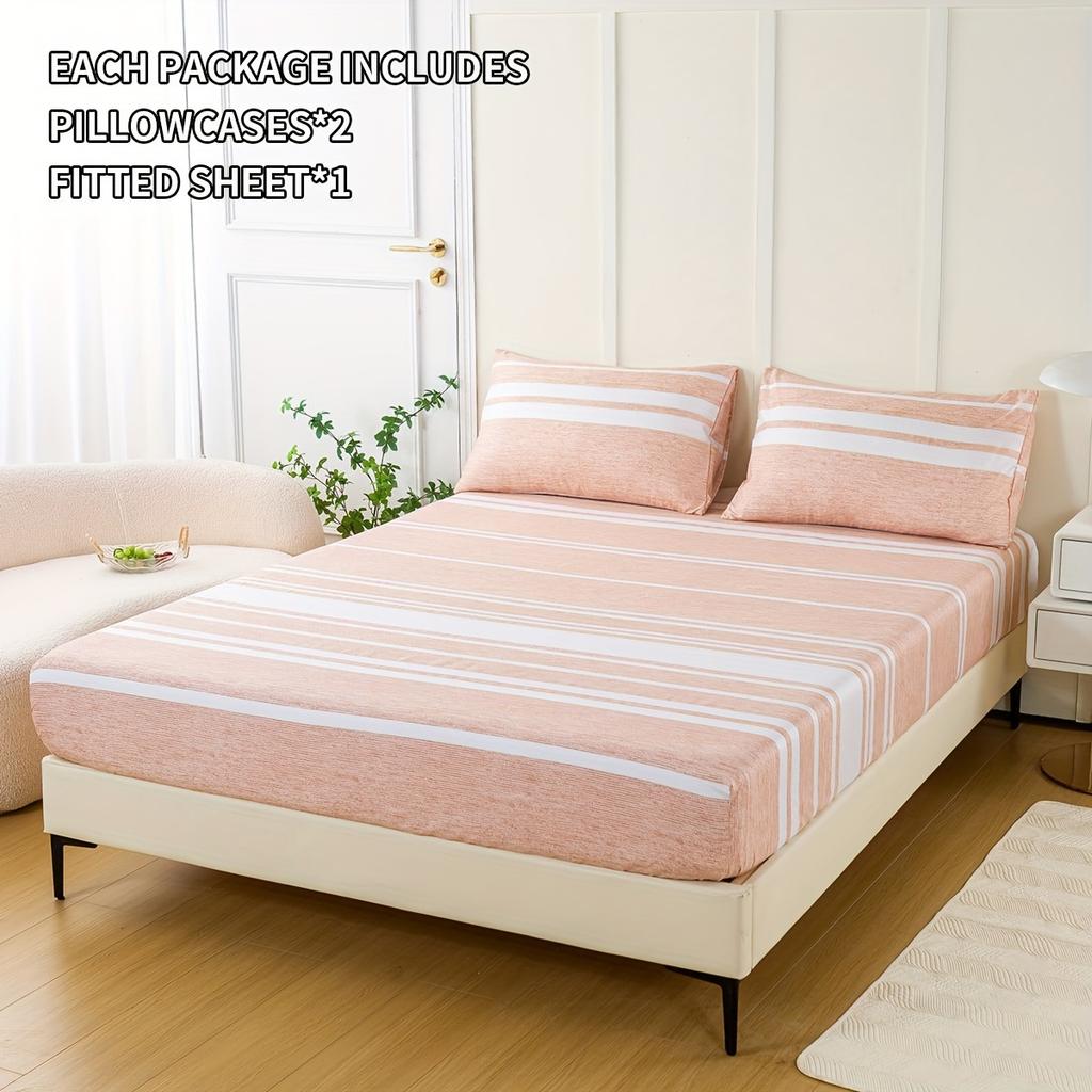 3-Piece Striped Fitted Sheet Set – Luxuriously Soft & Breathable – Includes 1 Fitted Sheet And 2 Pillowcases For Cozy Sleep – Pe