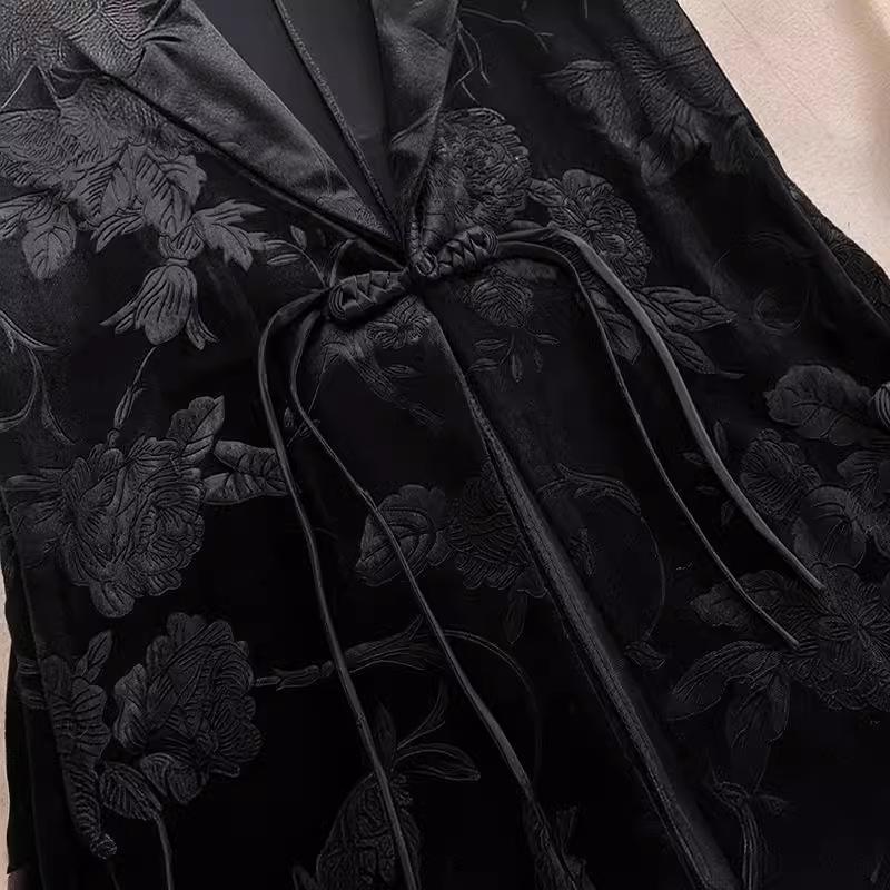 Women's Retro Gold Velvet Frog Button Vest - Black Sleeveless Waistcoat, Spring 2024