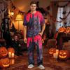 Men's Pajama Set Short Sleeve Top and Long Pants with Button Crotch and Elastic Waist Drawstring