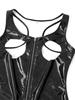 Womens Patent Leather Open Chest Mini Dress Zipper Hollow Out Sleeveless Party Clubwear with Garter Clips