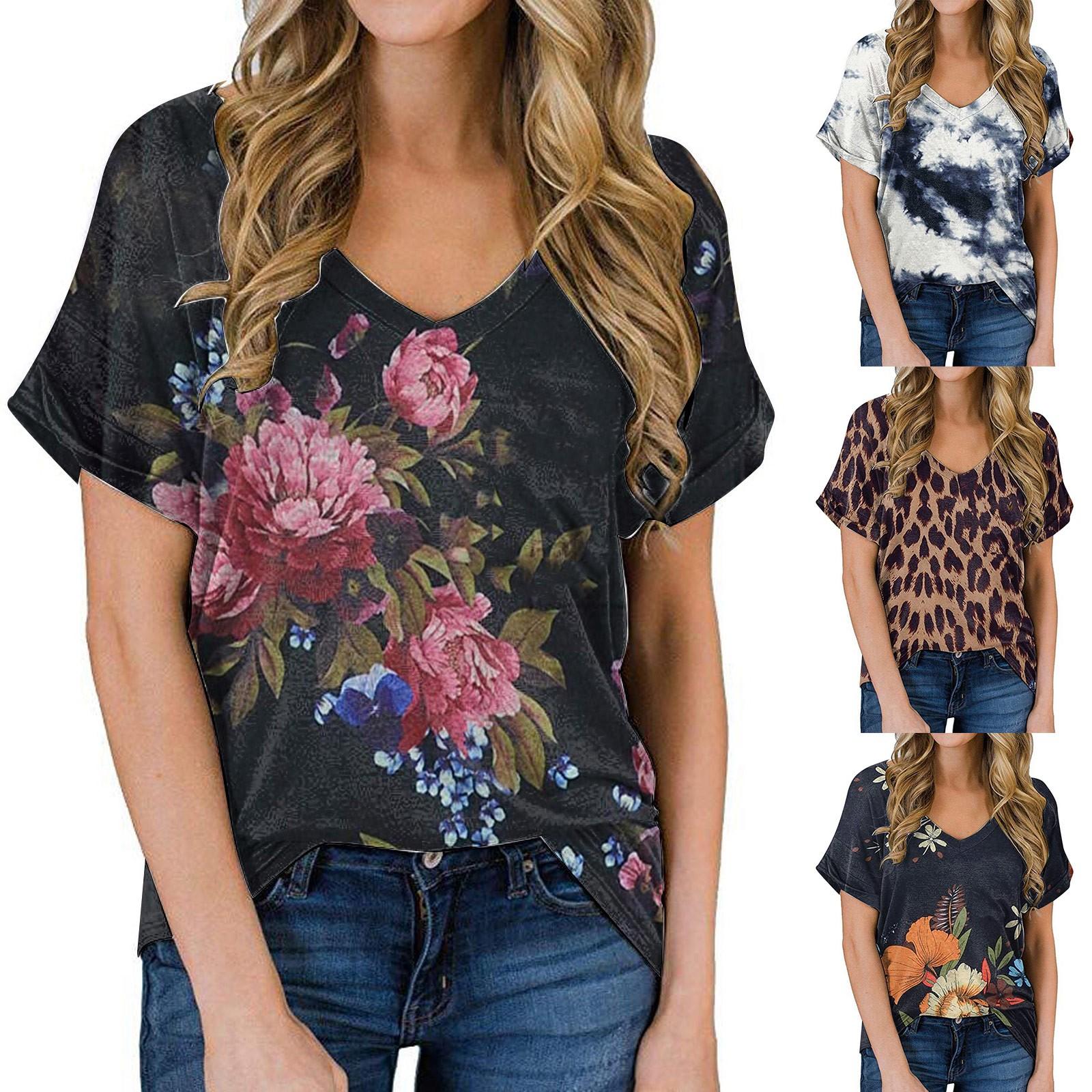 

Женская мода с принтом, повседневная блузка с v-образным вырезом и карманом, свободная футболка с рюшами